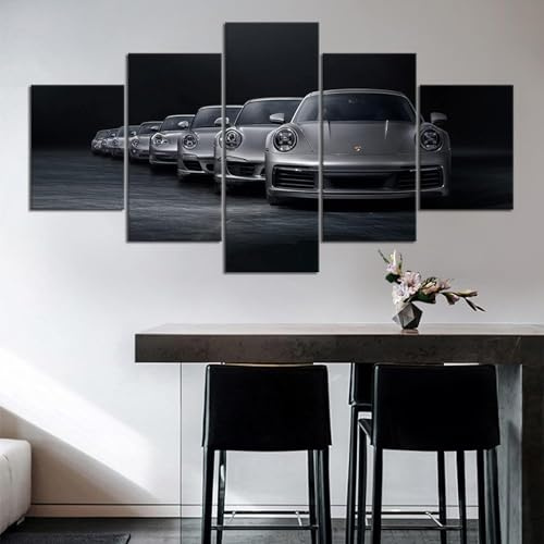 5 Teilige Kunstdruck Leinwandbilder 5 Teiliges Wandbild Luxus Auto Porsch Sportwagen Schwarz und Weiß Kunstdruck Auf Leinwand Leinwandbilder Wohnzimmer Schlafzimmer Wandbilder Wohnzimmer Modern