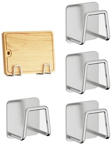 Koomuao Liemuao Support à Planches à Découper en INOX, Lot de 4 Porte-éponges Mural, Couvercle de Casserole Auto-Adhésif, Porte-casseroles Organisateur de Planche à Découper pour Cuisine (Argent)