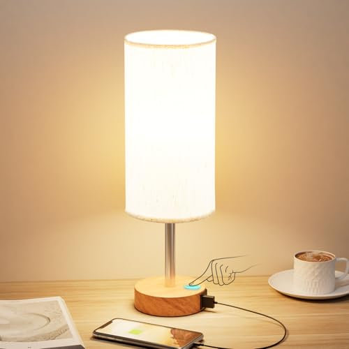 Aooshine Touch Bedside Lamp, 3 Way Dimmable Table Lamps with USB C+A Charging Ports, Small Touch Lamps Bedside with Flaxen Fabric Shade for Bedroom, Living Room, Dorm(LED Bulb Included)
