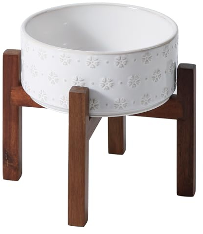 Havniva Keramik 18,5cm erhöhtes Hundenapf-Set mit Akazienholzständer, Futter- und Wassernapf für Hunde mittlerer Rassen, gewichtete Tiernäpfe(1200ml, Arktisch Weiß)