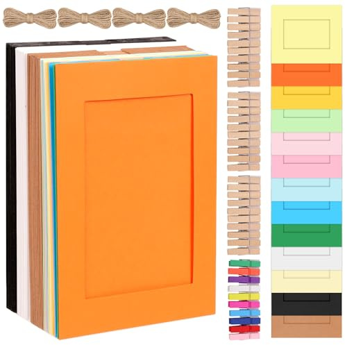 Cimeton 40Pcs Paper Picture Frames 5x7 inch Cardboard Photo Frame Cardboard Picture Frames Kit with Wooden Clips and String Colored Paper Photo Frame DIY Photo Frames for Wall Decor