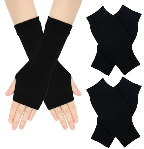 AWAVM 2 paia di guanti senza dita da donna in cashmere, termici, lavorati a maglia, guanti neri con foro per il pollice, Nero , One sizw