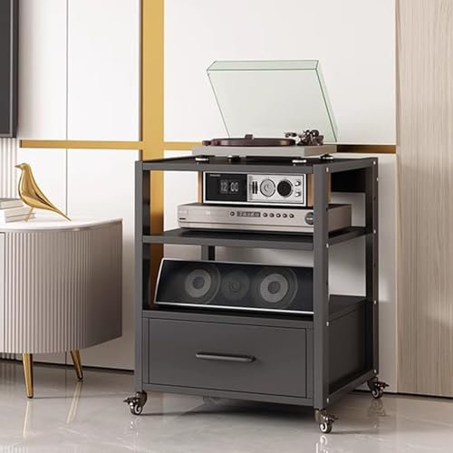 Mobile Hifi Rack/armadietto per Componenti Stereo a 3 Livelli, Supporto Multimediale Av Domestico con Cassetto, Ripiano Audio Regolabile In Altezza con Ruote, Supporto per Giradischi da Pavimento