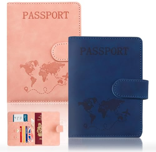 2 Stück Reisepass Impfpass Schutzhülle - Kunstleder Reisepasshülle Travel Organizer Passport Holder Cover, Damen Herren Geldbörse mit RFID-Blockier für Kreditkarten Ausweis Dokumente,Marineblau Rosa