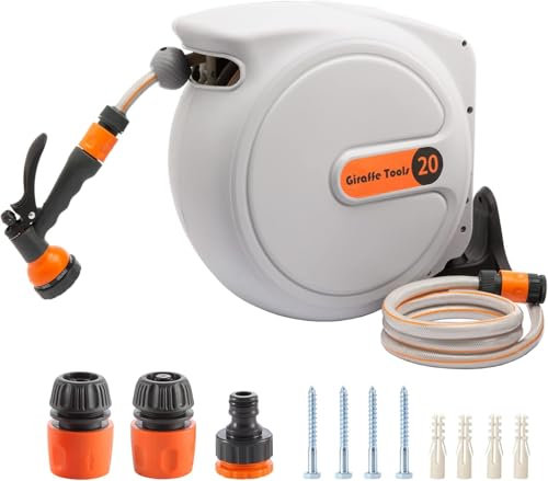Giraffe Tools Automatische Schlauchtrommel 20m + 2m, Wandmontierbare Schlauch Trommel 180° Schwenkbar mit 7 - Muster Multibrause und weißen Anschlussschlauch
