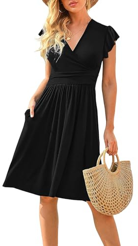 CLOUSPO Vestido de verano para mujer, elegante, cuello de pico, bohemio, vestido de playa, largo hasta la rodilla, con volantes, vestido midi retro, informal, informal, vestido con bolsillos, negro A