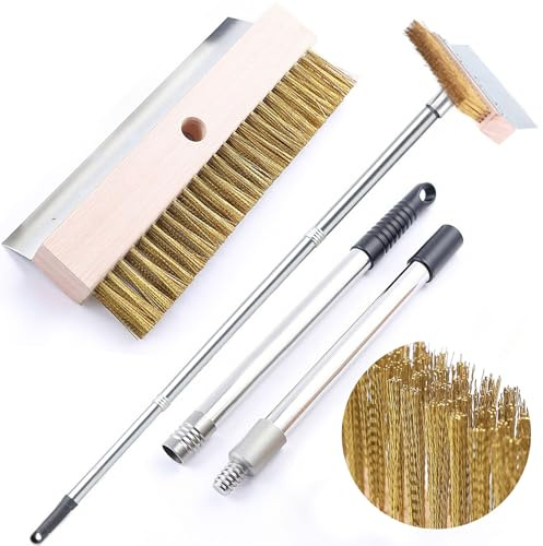 Pizza Oven Brush with Scraper - Heavy Duty 31” Long Wooden Handle & Brass Bristles, Detachable BBQ Grill Cleaning Tool for Pizza Stone, Outdoor Kitchen, Commercial/Home Use