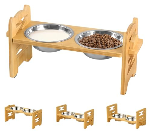 GOEDCH Hundenapf Erhöht: Verstellbare Hundenapf Erhöht mit 2 Edelstahlnäpfen, Futternapf Fressnapf Hunde Katzen Edelstahl, Futternapf Hund Erhöht in 3 Höhen, Futtertrog aus Holz für Hunde, Katzen