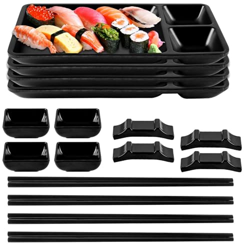 YAYODS Set di 16 pezzi per sushi giapponesi, nero, stoviglie giapponesi in melamina, contiene 4 bastoncini per sushi, 4 piatti per sushi (22 x 12,5 x 2,1 cm), 4 vaschette, 4 supporti per bastoncini