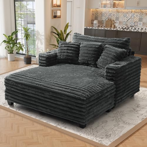 SENYUN 60 Chaise Lounge Indoor, Upgraded Oversized Plush Faux Fur Sleeper Sofa Bed w/Pillows & Wide Armrests, Fluffy Upholstered Reading Chairs Cloud Sofa Couches for Living Room, Dark Grey