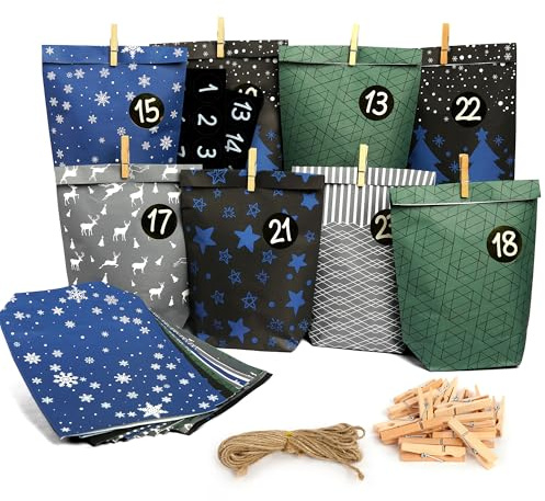 Adventskalender zum Befüllen Set,Geschenkidee für Familie,Kinder,Erwachsene | mit 24 Weihnachts-Papiertüten, Juteseil, Aufkleber& Holzklammern - Tradition und Vorfreude selbst gestalten