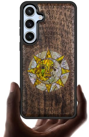 Carveit Designer Wooden Case for Samsung Galaxy S24 FE Case Cover [Wood Engraving & Shell Inlay] Compatible with Wireless Chargers S24 FE Cover (Sun and Moon God-Walnut)
