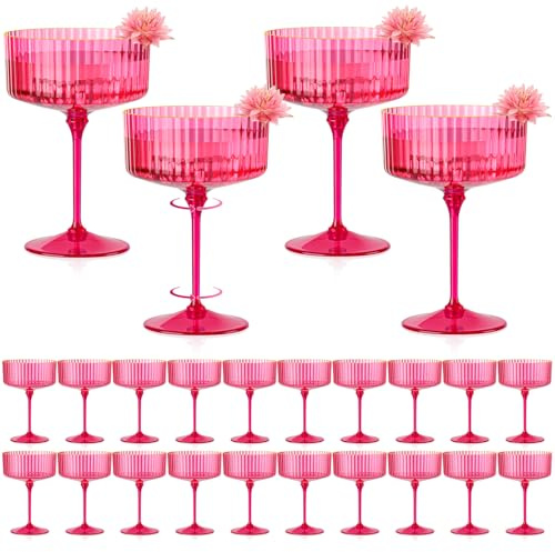 24 PCS Ribbed Coupe Glasses Hot Pink Plastic Champagne Coupe Cup 10oz Detachable Gold Rim Espresso Martini Glass Vintage Margarita Glassware Cocktail Glass Set for Valentine's Day Bachelorette Party