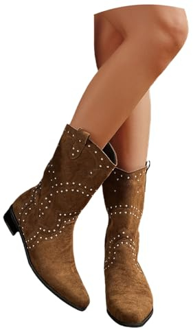 Plus Size Ankelstövlar for Kvinnor Mellanhöga Stövlar Med Nitar Retro Western Cowboystövlar Mockastövlar Med Dragkedja Kvinnor Spetsiga Ankelskor for Konserter(Brown,40 EU)