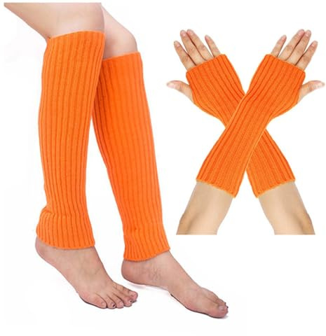DACONGMING 2pc Beinstulpen Pulswärmer Stulpen Damen Set Frauen Winter Crochet Stricken Lange Armstulpen Warme Halbfinger Lange Gestrickt Beinwärmer Legwarmers Gestrickte für Winter (Orange, One Size)