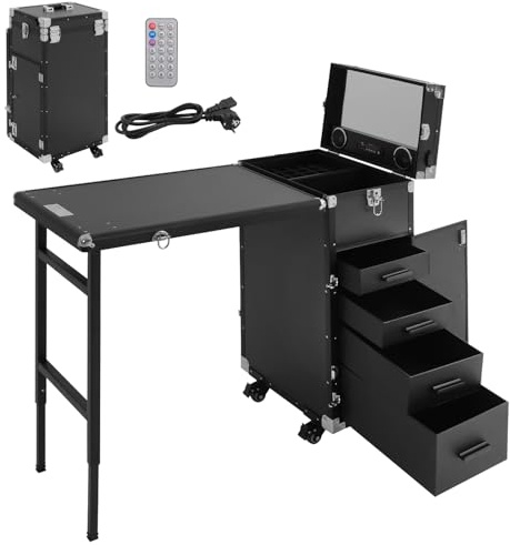 Professionellt kosmetikafodral, vikbart sminkväska med bord och fjärrkontroll, mobilrullande manikyrbord, nagelbord med 4 lådor och rullar, sminkstation, multifunktionell frisörväska
