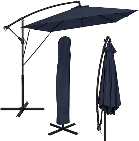ML-Design Parasol Déporté Ø330 cm Bleu Marine en Aluminium avec Manivelle, Protection UV50+ Tissu Imperméable, Modèle Inclinable et Pivotant 360°, Meuble pour Jardin Terrasse, Housse et Support inclus