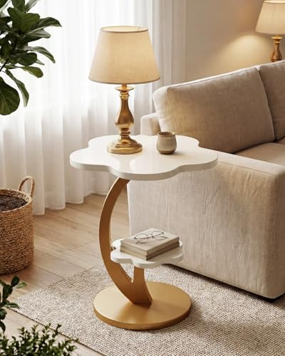 Tribesigns Mesa auxiliar de sofá de 2 niveles, mesita de noche floral con marco dorado en forma de C, moderna mesa de acento de lujo para salón, dormitorio, habitación pequeña, color dorado + blanco