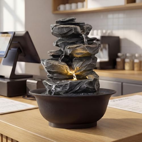 COSTWAY Zimmerbrunnen mit Pumpe, Tischbrunnen mit LED Beleuchtung & einstellbarer Wasserdurchfluss, Wasserbrunnen Stein Optik, Springbrunnen für Garten, Brunnen Wasserfall, Tischdekoration, 21,5x26 cm