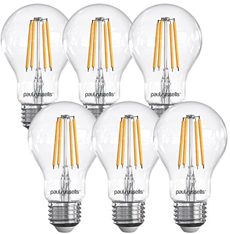 paul russells E27 Edison Screw LED Filament – 4.5Watt 40W Equivalent 470LM Lumens 2700K ES Standard GLS A60 – Super Bright Energy Saving Light Non-Dimmable - Warm White Bulbs - 6 Pack