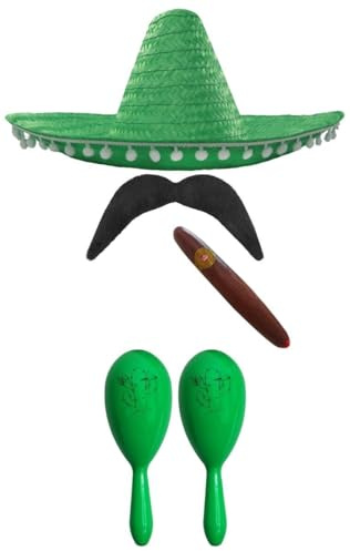 MEXIKANSK FANCY TRÄDGÅRDSTILLBEHÖR. MEXIKAN SOMBRERO + MARACAS + TASH. Perfekt för XIKANSKA FANCY DRESS KOSTER SENORITA BANDIT MARIACHI (GRÖN POM POM SOMBRERO + 2 X gröna MARACAS)