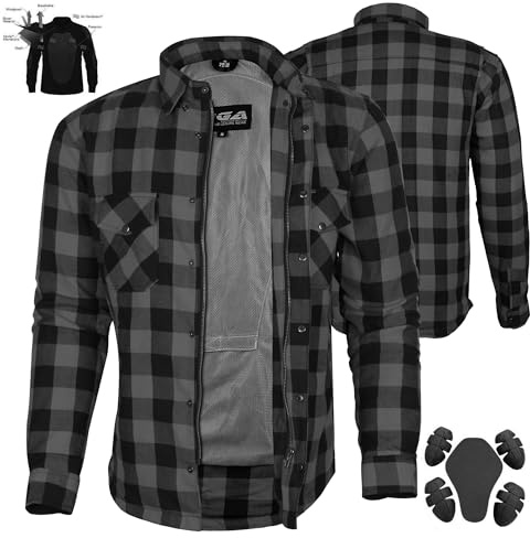 Bikers Gear - Camisa de franela protectora con forro de aramida Kevlar para motocicleta, color negro y gris con armadura extraíble CE 1621-1, gris, XXL