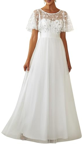 Ever-Pretty Robe de Mariage Col Rond Manches Courtes Taille Empire A-Line Tulle Longue pour Soirée Bal Gala Femme Blanc 46