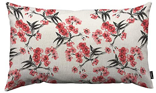 HOSNYE Housse de Coussins Décoratifs Motif Fleurs de Cerisier - Style Japonais - Tissu en Lin - Pour Canapé, Lit, Voiture - 30,5 x 50,8 cm