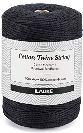 300m Makramee Garn 3mm Baumwollschnur, ilauke Baumwollgarn Macrame Cord, Natürliche Baumwollkordel, Kordel Garn für DIY Handwerk Stricken Pflanze Aufhänger Boho (Schwarz)