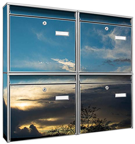 banjado Briefkastenanlage 4 Fach - Postkästen groß - verzinkter Stahl Silber DIN A4 Motiv Wolken 7 - Briefkasten Set 4 Briefkästen Namensschild, 2 Schlüssel, Montagematerial