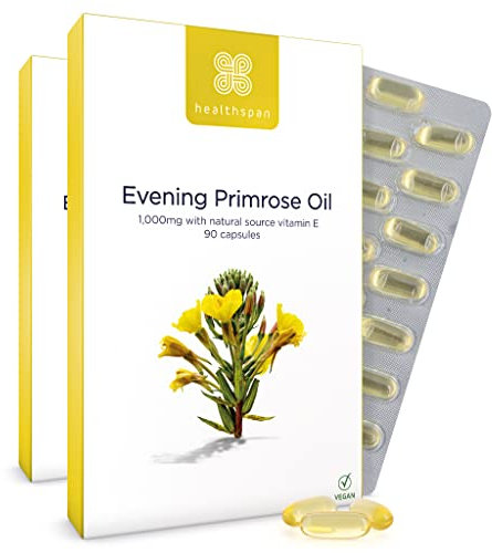 Healthspan Evening Primrose Oil | Support Women's Health | Helps Maintain Hormonal Balance | Rich Source of Omega 6 Fatty Acids | Added Vitamin E | Vegan (180 Capsules, 1,000mg)