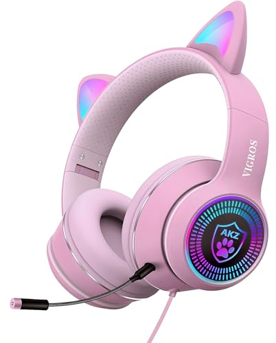 Cat Ear Gaming Headphones Wired AUX 3.5mm with LED Light, VIGROS Flashing Stereo Game Headphones Surround Sound Over-Ear Headsets with Microphone Fit Kids & Adult for PC, PS4, Switch, Mobile, Laptop