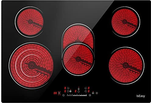 Plaque Vitrocéramique 5 Foyers, Table de Cuisson Vitrocéramique 5 Foyers, Plaque de Cuisson en Vitrocéramique Encastrable, 8600W, 77cm, Minuteur Multi-zones