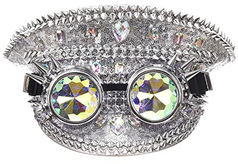 Bslingerie Halloween steampunk cosplay paljetthatt rave party festival kapten huvudbonad med glasögon, SILVER, one size