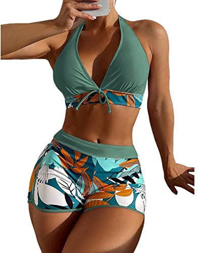 Maillot de Bain Femme 2 Pièces - Ensemble Bikini Taille Haute Rembourré Push Up - Short de Bain Uni