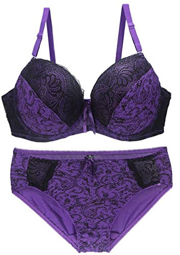 Necalisi Bra and Panties Set Purple Super Push Up Embroidery Bras Set Transparent Underwear Lingerie Lace Bra Matching Knicker for Women Balconette Bra 95B