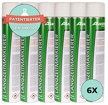 AWOTEX Langzeit-Markierspray Weiß 750 ml I 6 Dosen Sprühfarbe mit hoher Deckkraft & ohne FCKW I Markierungsspray Baustelle schnell trocknend & wetterfest I Sprühfarbe zum Markieren