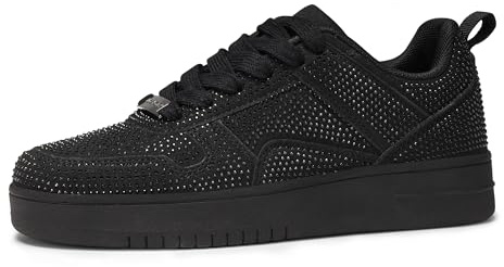 LUCKY STEP Dammode gnistrande strass sneakers vitt läder lågtopp tennisskor snörning avslappnad bekväm promenadsko, Svart-en ton, 41 EU