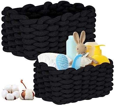 2 Pcs Aufbewahrungskorb Baumwolle, Baumwollseil Geflochten, Ablagekörbe Speicher Organizer Speicher Storage Basket für Kinderzimmer Wohnzimmer Bad D27xH17 CM + D33xH22 CM （Schwarz）