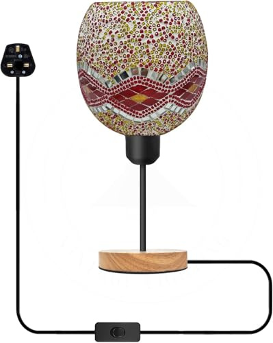 Turkish Mosaic Table Lamp, Bohemian Bedside Lamp with Wooden Base & Handcrafted Multi Colour Glass Shade, E27 UK Plug Desk Lamp, Warm Ambient Night Light for Bedroom Living Room, Moroccan Style Decor