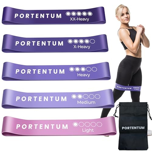 PORTENTUM elastici fitness, set di 5 fasce elastico fitness. Comoda e resistente bande elastiche fitness. Fascia elastica fitness, elastici palestra