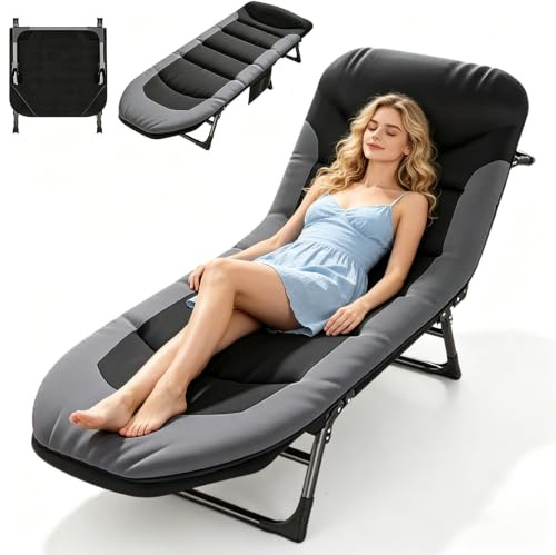AONASRDI Lit de Camping Pliable XXL, Lit de Camp Pliant avec 6 Dossiers Réglables, Chaise Longue Pliable, Matelas et Poche Latérale Inclus, pour Intérieur, Extérieur, Jardin, Pêche(Gris)