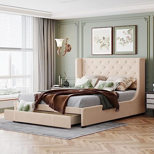 Bett 140 x 200 cm, Polsterbett Doppelbett mit Rückenlehne und großen Schubladen, Kinderbett, Jugendbett, Erwachsenenbett, Bettrahmen mit Lattenrost, Hautfreundliche Leinen, Rosa, Ohne Matratze (Beige)