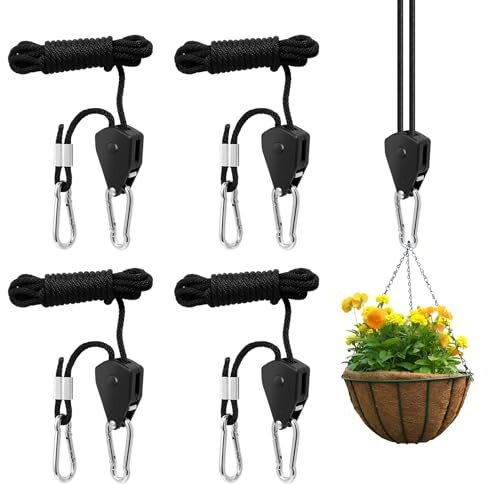 KATLINNA 4 Stück Seilratsche mit Haken Duty Heavy Rope Seil Ratsche Hanger | 150lb Seilzugratsche Schwarz Abspannseile Camping mit Verstellbarer 1/8 Zoll Seilspanner für Pflanzenventilator Zelten(2M)