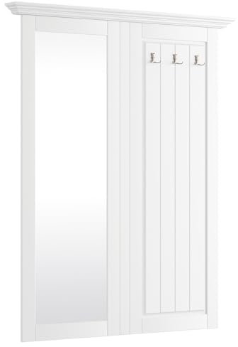 Lomadox Flur Diele Garderob Paneel Garderobenpaneel 108cm mit Spiegel,Massivholz in weiß