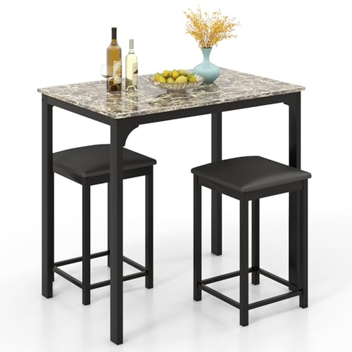 GOFLAME 3-Piece Dining Table Set for 2, Kitchen Counter Height Table and Chairs Set with Faux Marble Tabletop, Padded Stools, Modern Bar & Pub Table Set for Dining Room, Restaurant (Black & Beige)