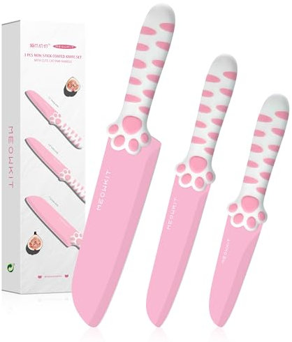 MEOWKIT Messerset, 3-tlg Scharfes Küchenmesser Set mit Niedlichem Katzenpfoten-Patentgriff, Edelstahl Kochmesser Set ink. Santoku Messer, Allzweckmesser & Schälmesser, Rosa