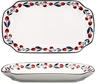 MELY Ovale Teller, großer ovaler Fischteller, Mittagsteller, Keramik-Speiseteller mit Blumenmotiven, personalisiertes Dessert, Snack-Teller, Speiseteller-Set(Red)