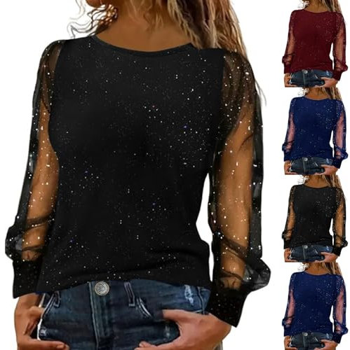 Oberteile Damen Sexy Elegant Party: Durchsichtige Bluse Schwarz Langarm Festliche-Blusen Große Größen Wickelbluse Glitzer-Shirt Tunika Pailletten-Oberteil Silvester Outfit Damenbluse Langarmshirt