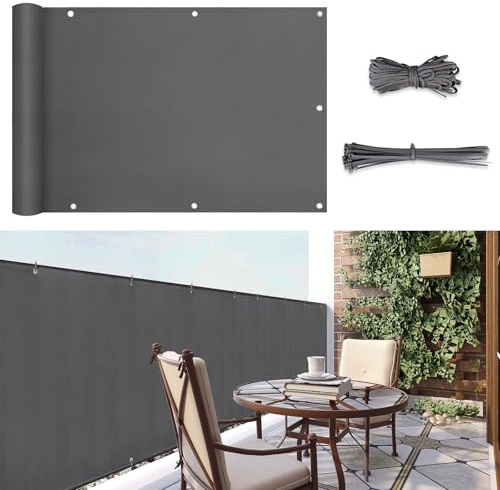 Sunula Balkon Sichtschutz Blickdicht 90x500cm, PES Balkonverkleidung Windschutz Ohne Bohren, Balkonsichtschutz mit Nylon Kabelbinder und Kordel, Patentierte Reißfeste Ösen, Wetterfest, Anthrazit